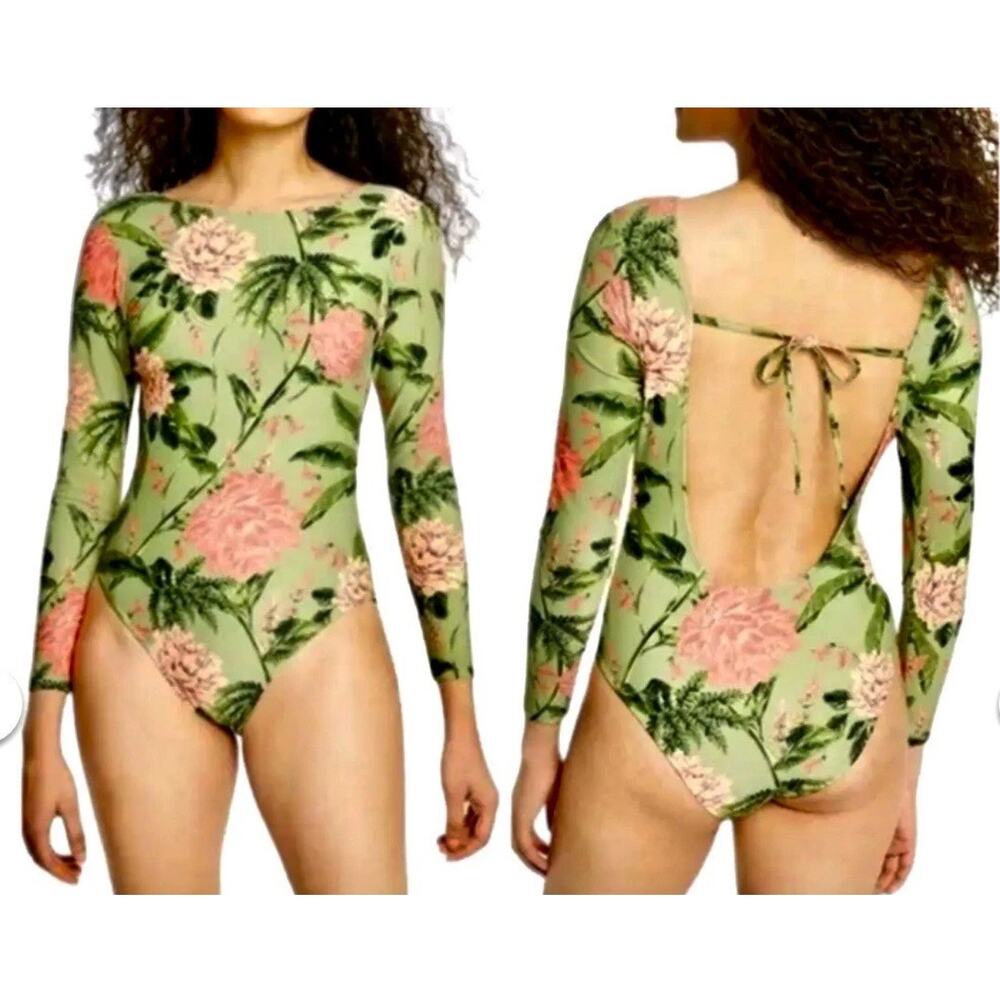 Agua Bendita Target Green Peony Floral Long Sleeve 1 Piece Swimsuit Bodysuit XL